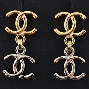 Chanel 26P Gold Silver Mixed Metals Chain XL CC Logo Dangle Drop Stud Earrings